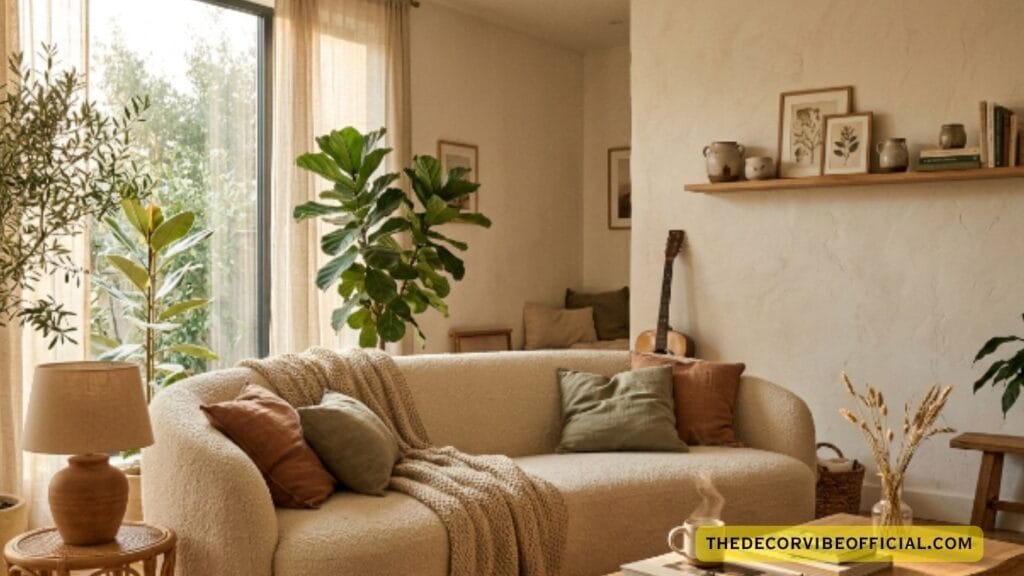  Small apartment living room decor ideas with bouclé sofa rattan coffee table and tropical plants
small living room decor ideas