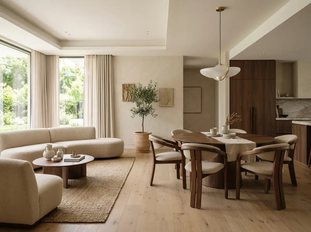 Open-plan minimalist luxury living and dining space