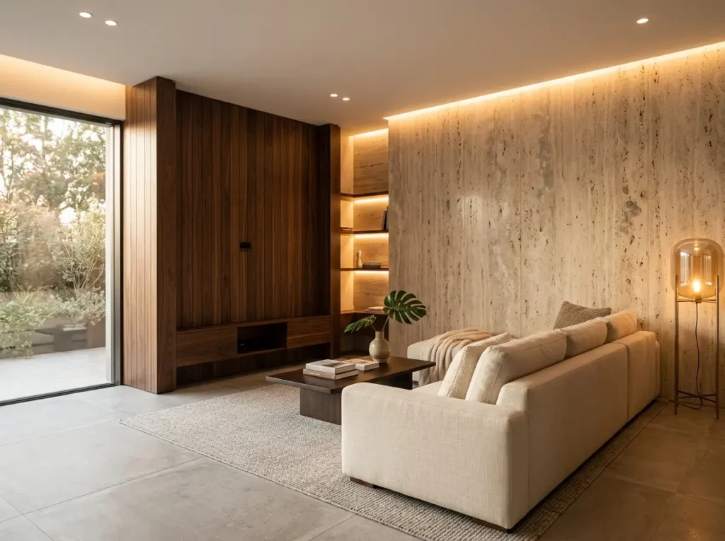 Travertine accent wall in a minimalist luxury living space