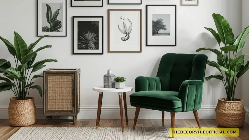 Small apartment living room decor ideas with gallery wall green velvet chair and tropical plants