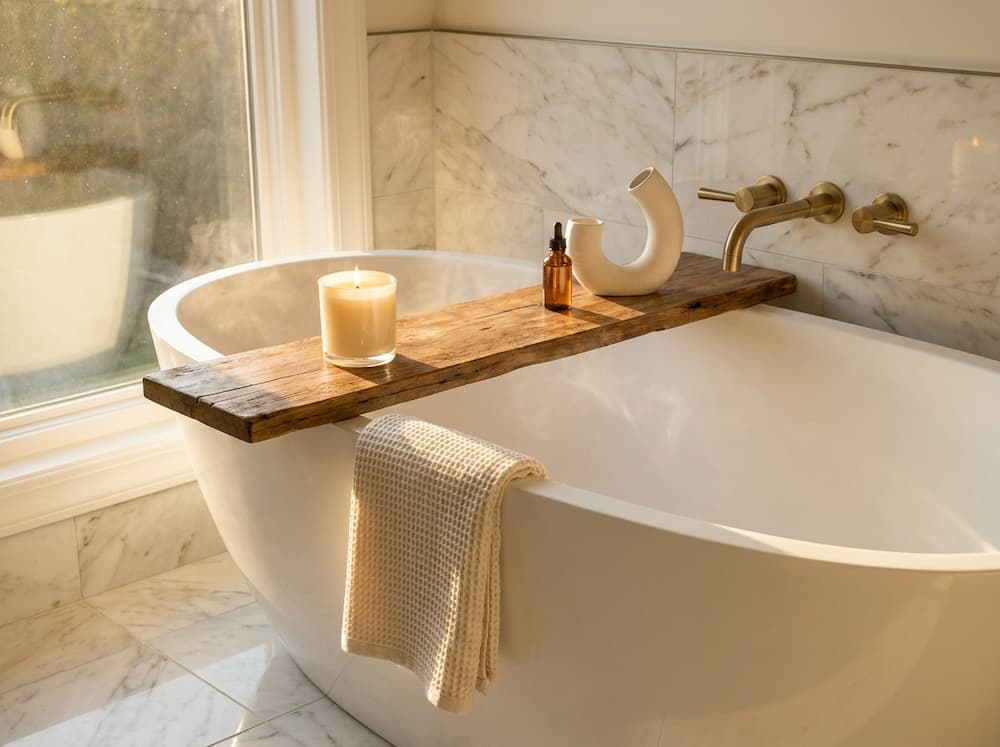 Wooden bathtub tray styled with candle and towel across white tub