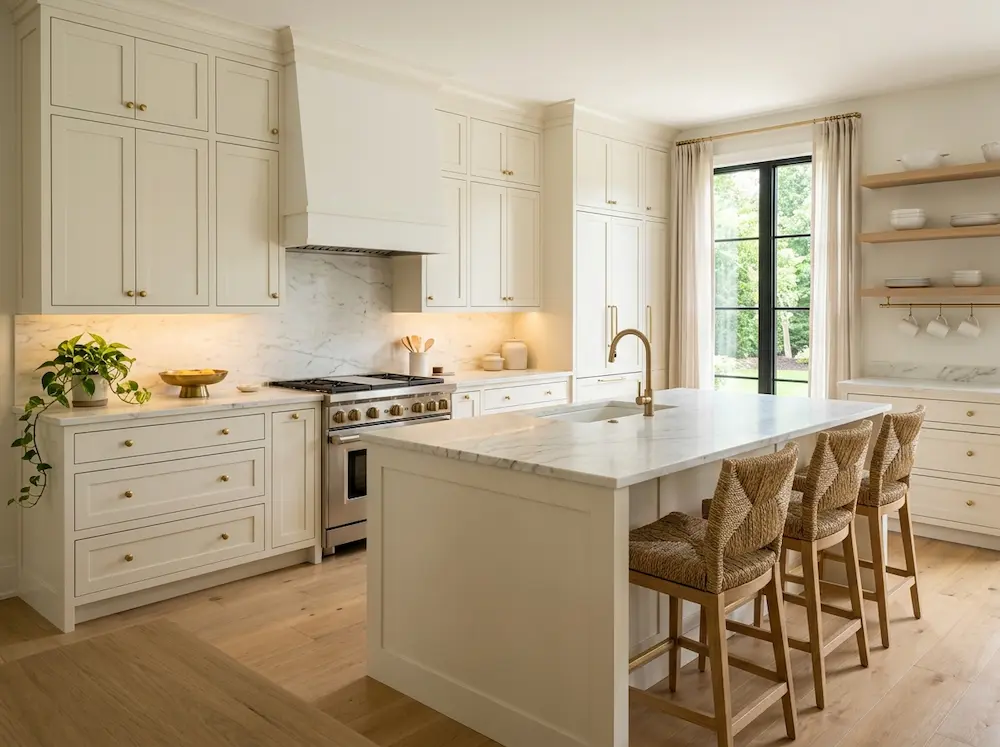 Warm white kitchen with marble island, brass hardware, and open shelving