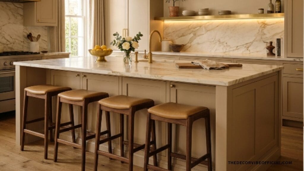 Warm beige luxury kitchen island with marble counter and brass pendant lights
luxury kitchen ideas
