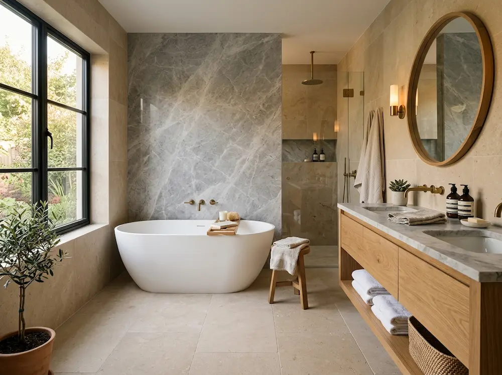Luxury bathroom featuring neutral stone and marble tiles with warm beige and grey tones