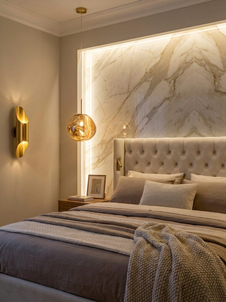  Luxury bedroom with brass sconces, backlit marble wall, and layered taupe bedding