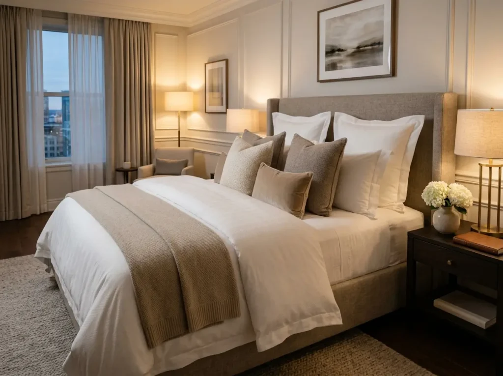 Hotel style layered bedding in cozy luxury bedroom design