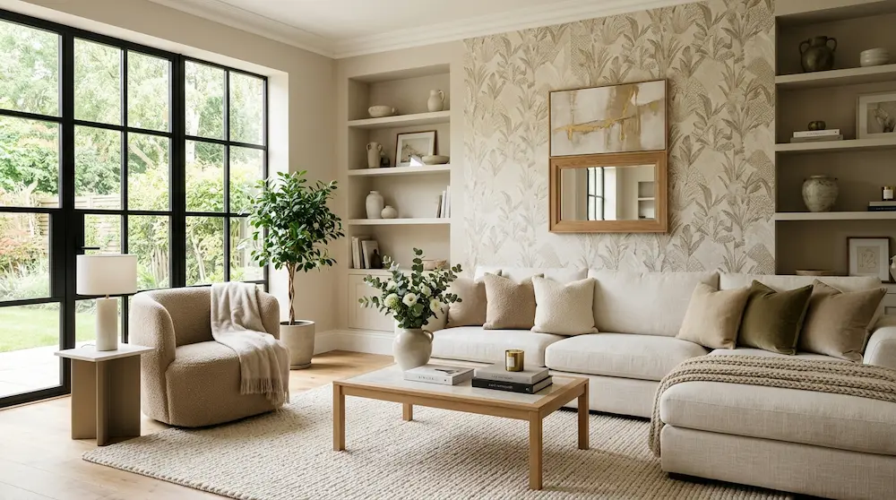 Luxury living room featuring home decor wallpaper ideas 2026 with modern stylish accent wall and cozy interior design.