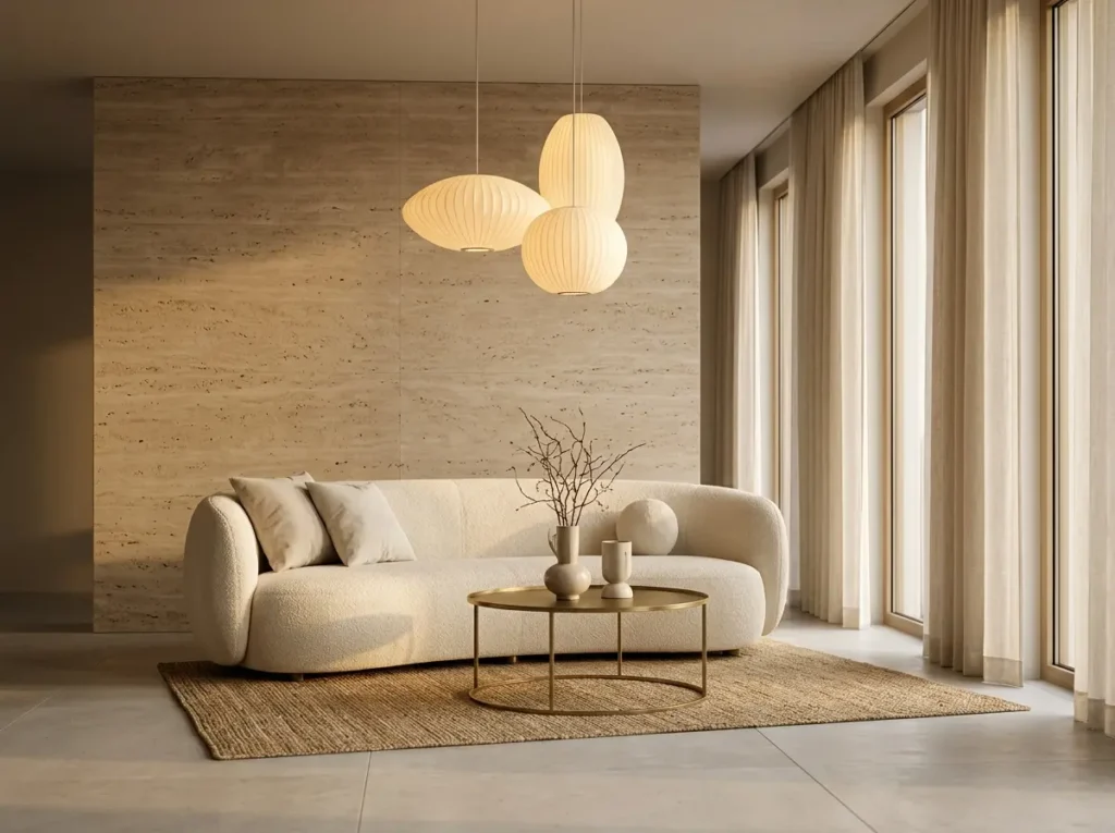 Minimalist luxury living space with curved sofa and travertine wall
