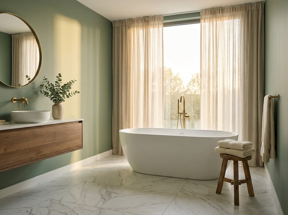 Luxury bathroom with sage green walls and white freestanding tub