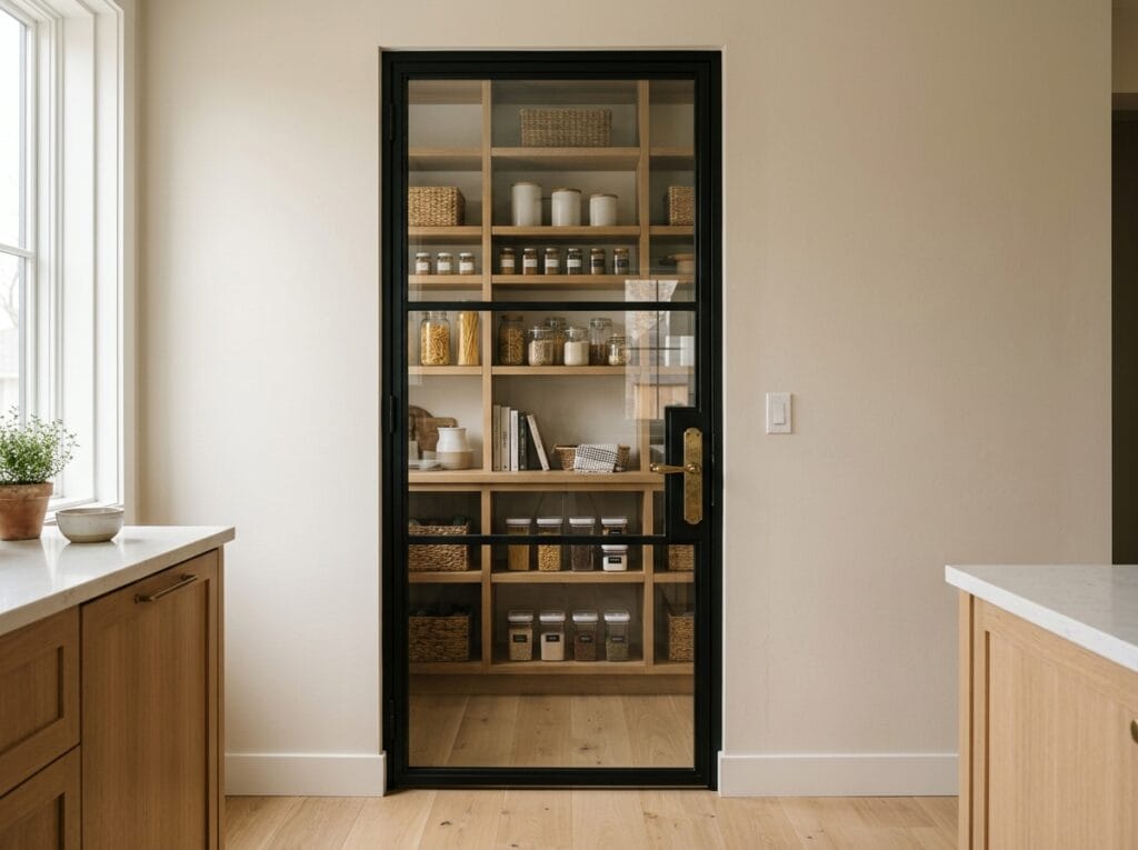 Glass door walk-in pantry ideas for modern kitchens