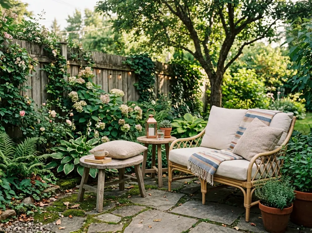 Mixed seating heights small backyard oasis idea