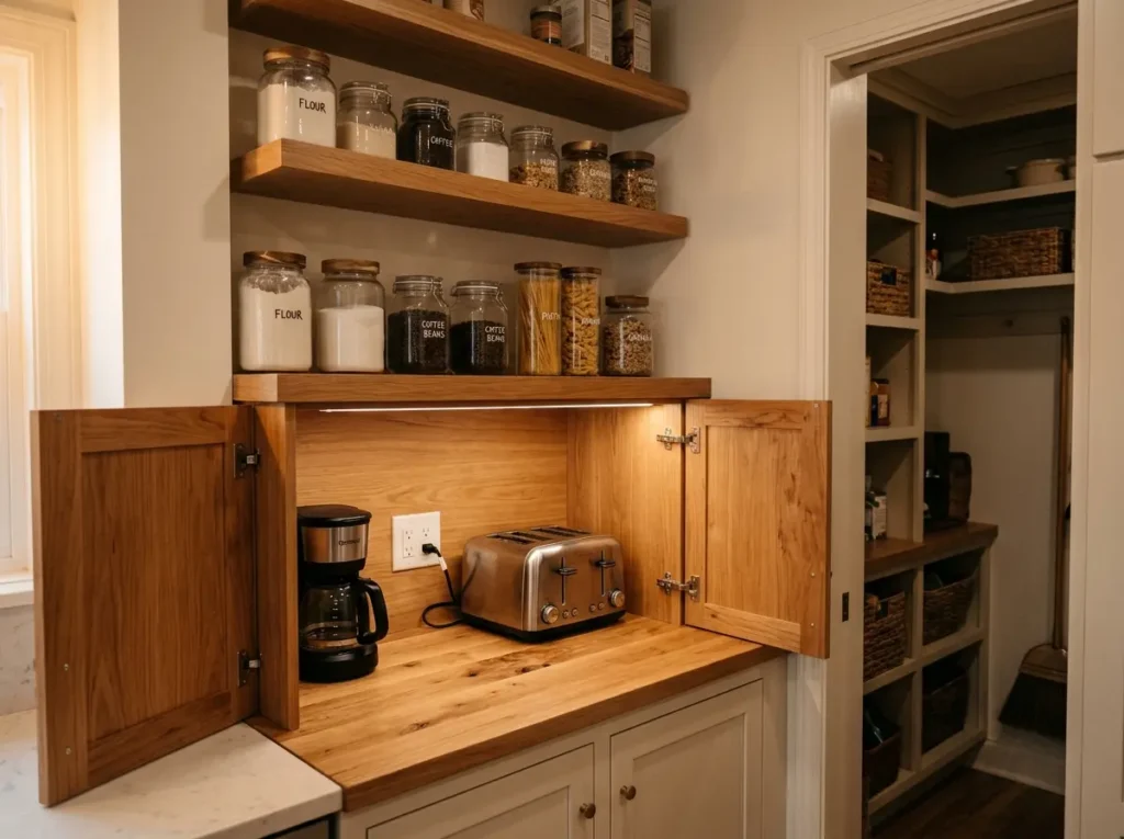 Walk-in pantry ideas with built-in appliance garage