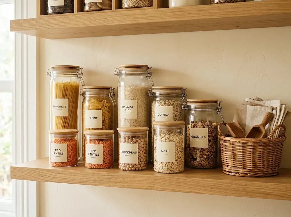 Styled walk-in pantry ideas with uniform glass jars