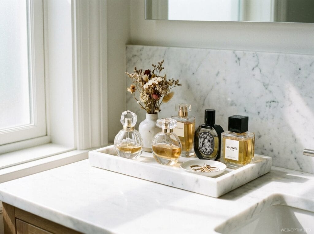  Marble vanity tray styled with sculptural glass perfume bottles