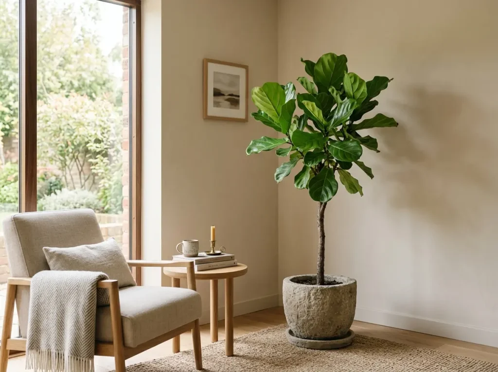 Indoor plant ideas with large statement plant in stone planter