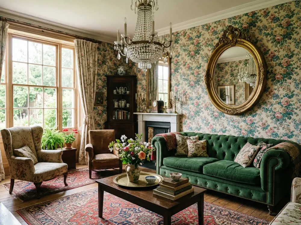 Grandmillennial decor ideas with floral chintz and vintage furniture