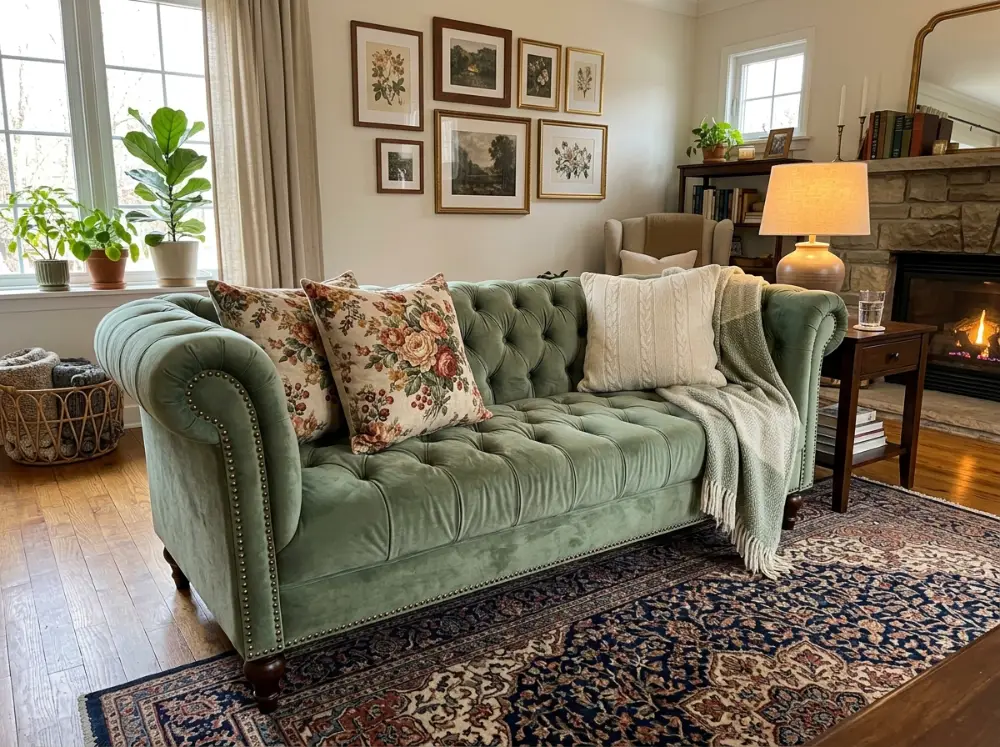 Velvet sofa grandmillennial decor idea