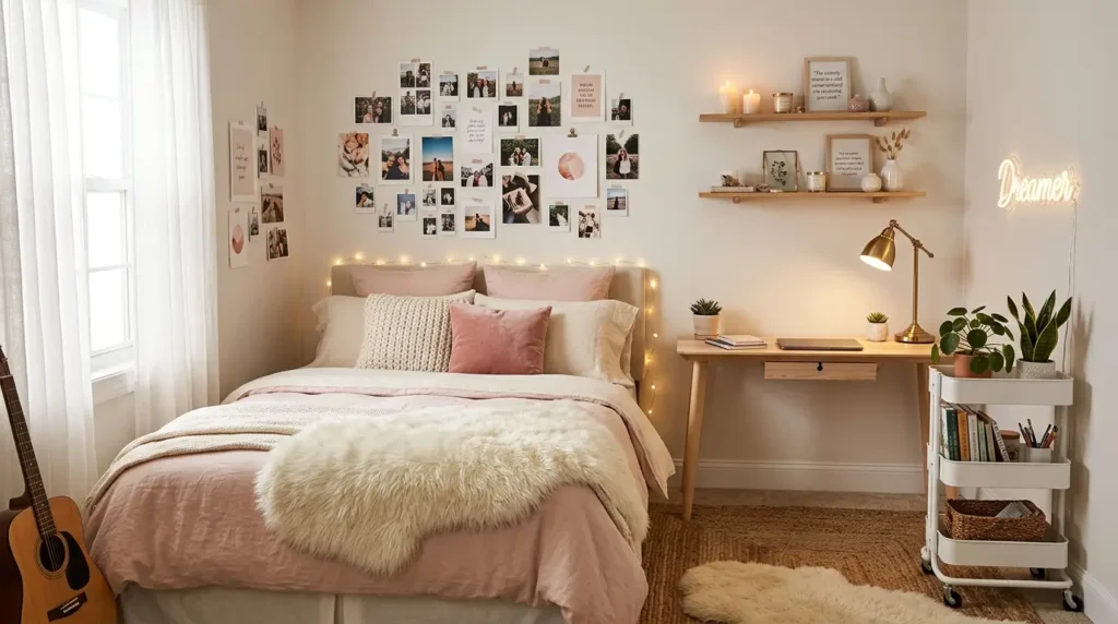 Cool room decor for teens with fairy lights, gallery wall, and cozy bedding
