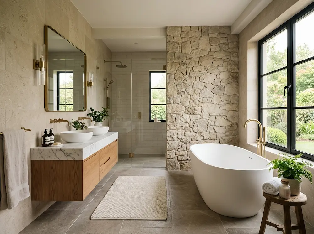 Luxury bathroom featuring neutral stone and marble tiles with a textured stone accent wall inspired by 2026 bathroom design trends.