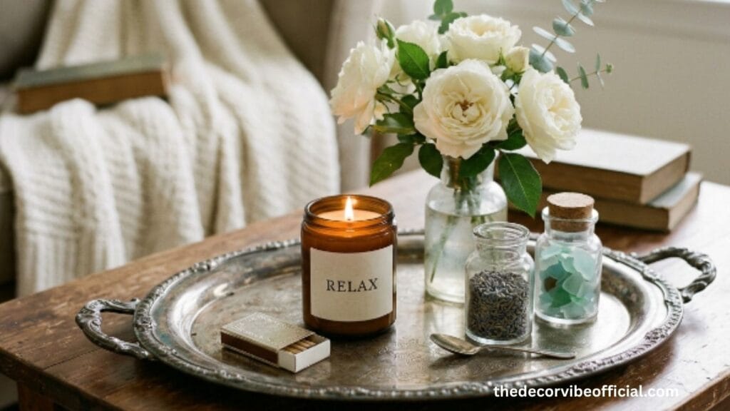  Bathroom counter decor ideas with vintage silver tray relax candle and glass jars