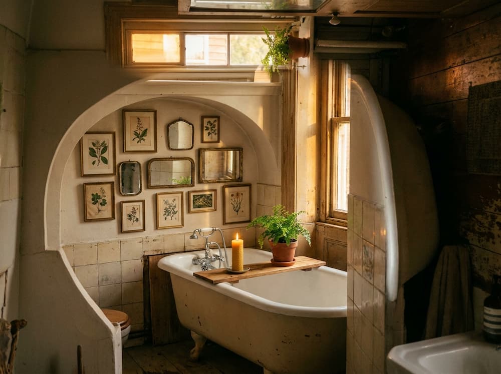 Vintage tub under archway with gallery wall and styled tray