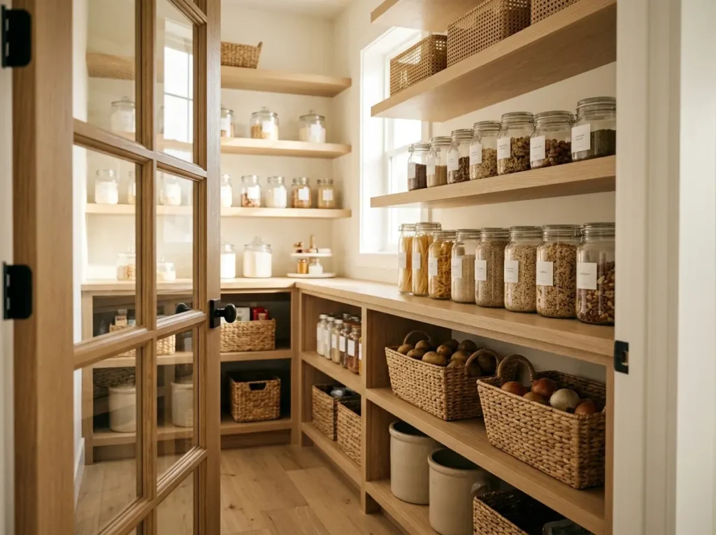 Walk-in pantry ideas featuring oak shelving and glass jars