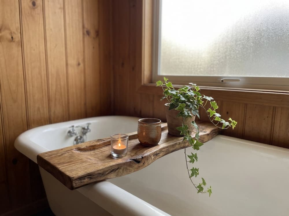 Sculptural natural wood bathtub tray with candle and small plant