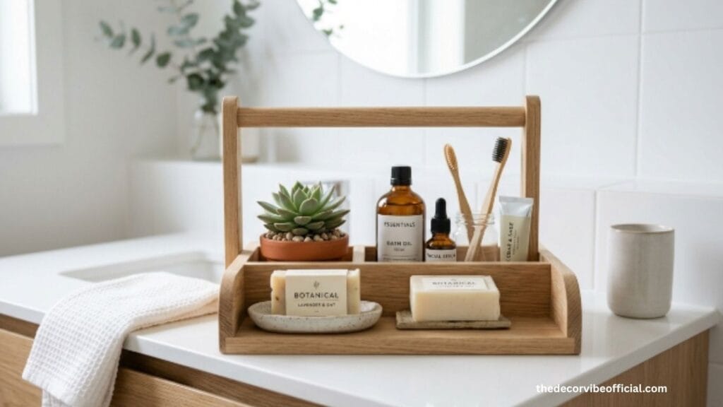 Bathroom counter decor ideas with wooden caddy toiletries succulent and bar soap