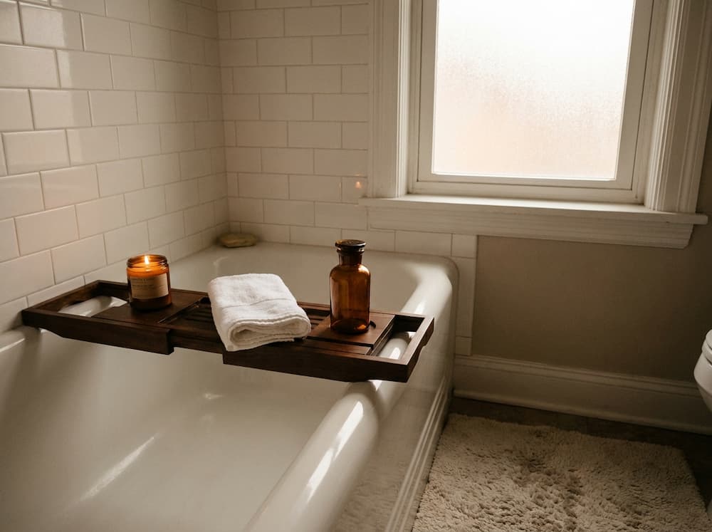 Wooden bathtub tray with candle and folded towel across a white tub
bathtub tray ideas