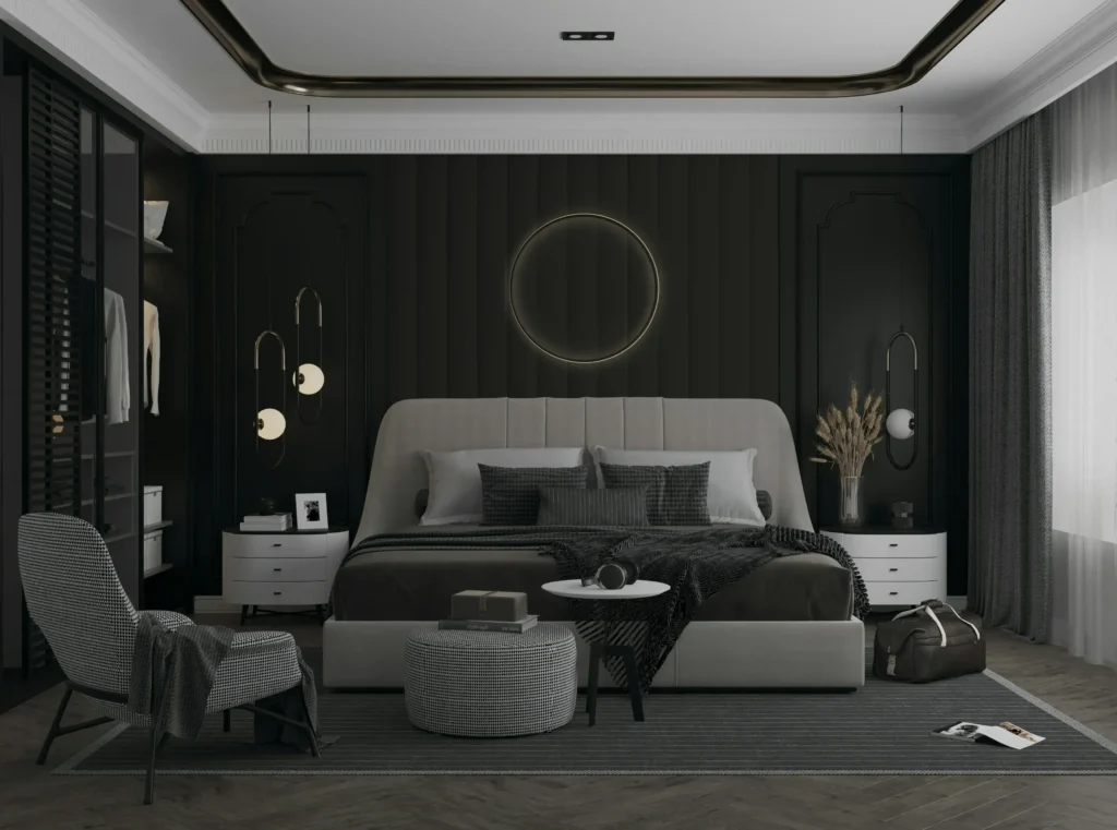 Luxury bedroom interior with dark paneled walls, backlit circular mirror, and layered grey bedding