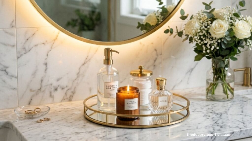 Bathroom counter decor ideas with gold mirrored tray marble countertop white roses and backlit mirror