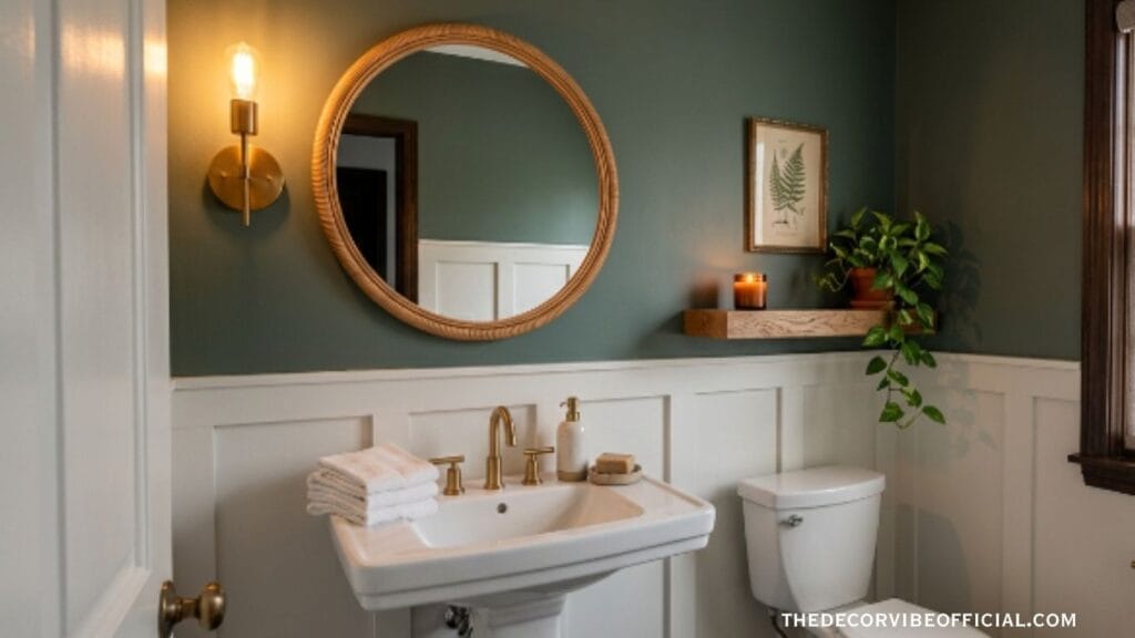 Budget friendly powder room makeover with sage green walls rattan mirror and brass sconce