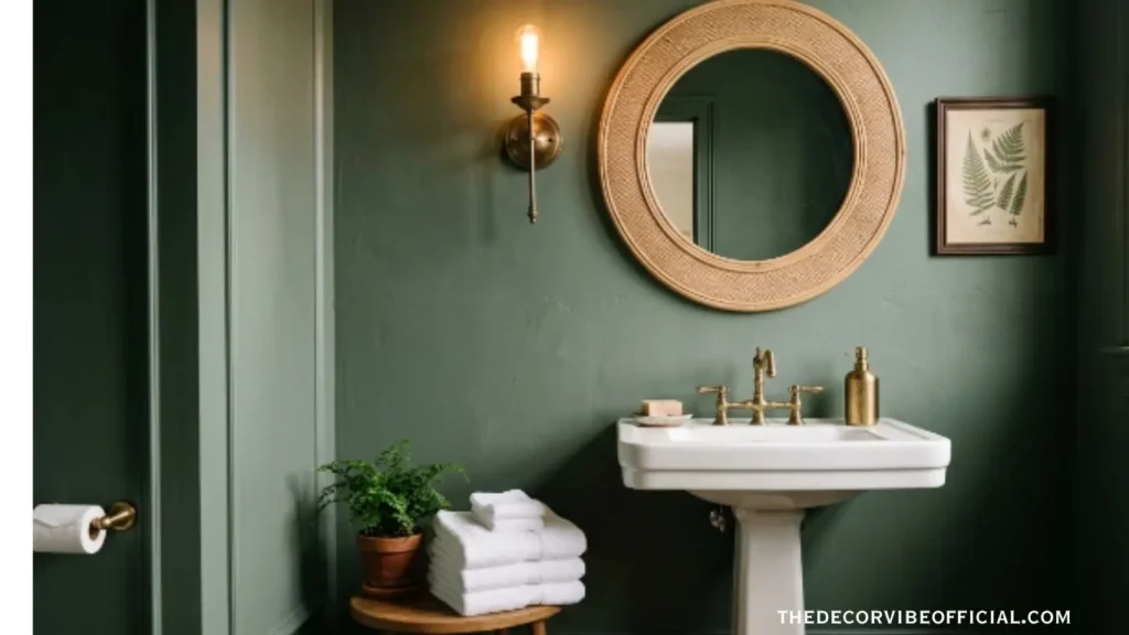 Budget friendly powder room makeover with sage green walls rattan mirror and brass sconce
budget friendly powder room makeover