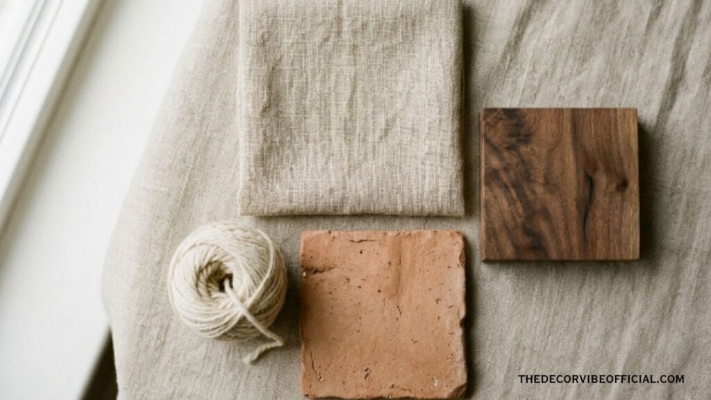 Linen, walnut wood, ceramic, and wool material swatches arranged together