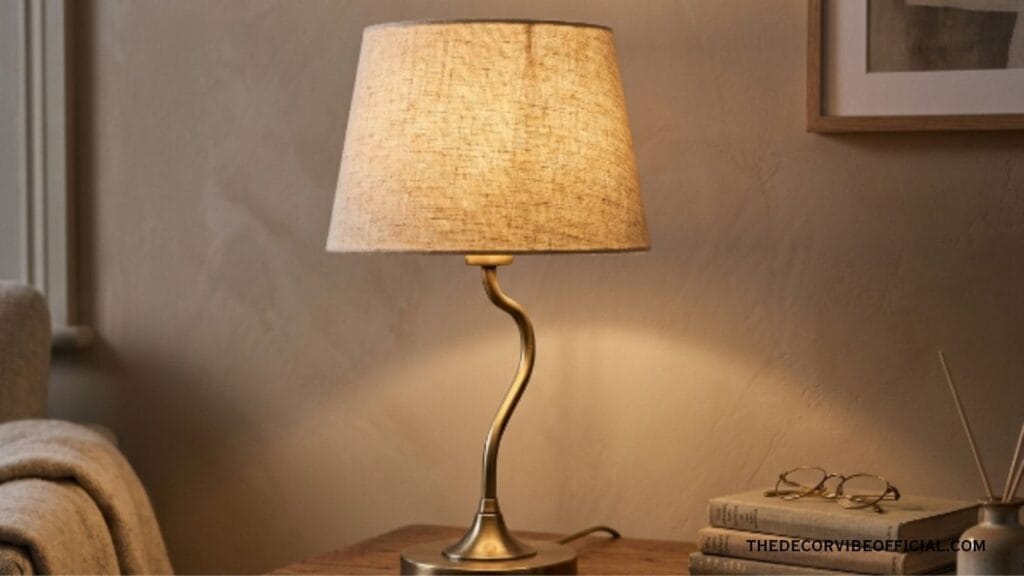 Warm-toned table lamp glowing softly against a neutral wall at dusk
make your home look expensive 