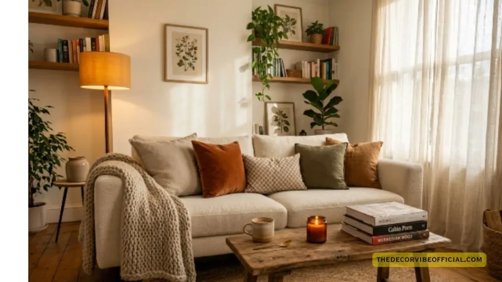  Cozy living room ideas with cream sofa layered cushions warm lamp and jute rug