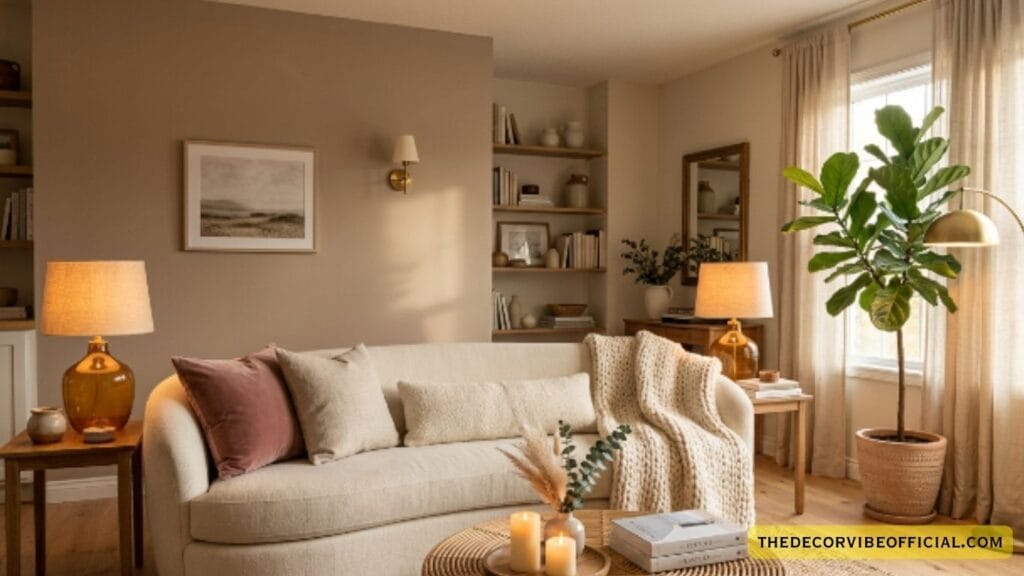 Cozy living room ideas with curved cream sofa layered cushions warm lamps and fiddle leaf fig