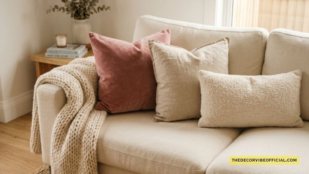 Cozy living room ideas with velvet linen and boucle cushions layered on cream sofa
cozy living room ideas
