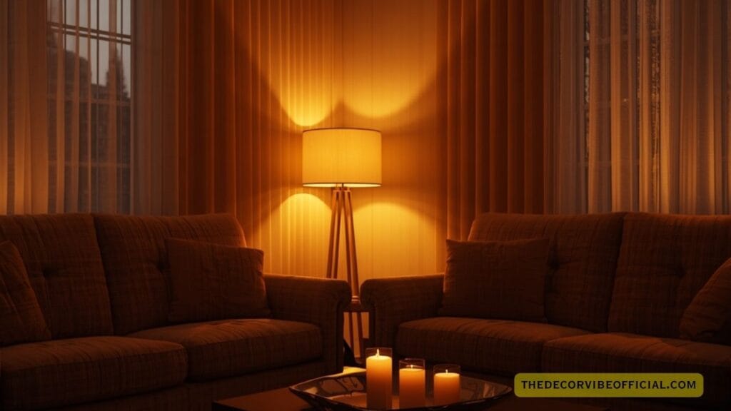 Cozy living room ideas with layered warm lamp lighting candles and floor lamp