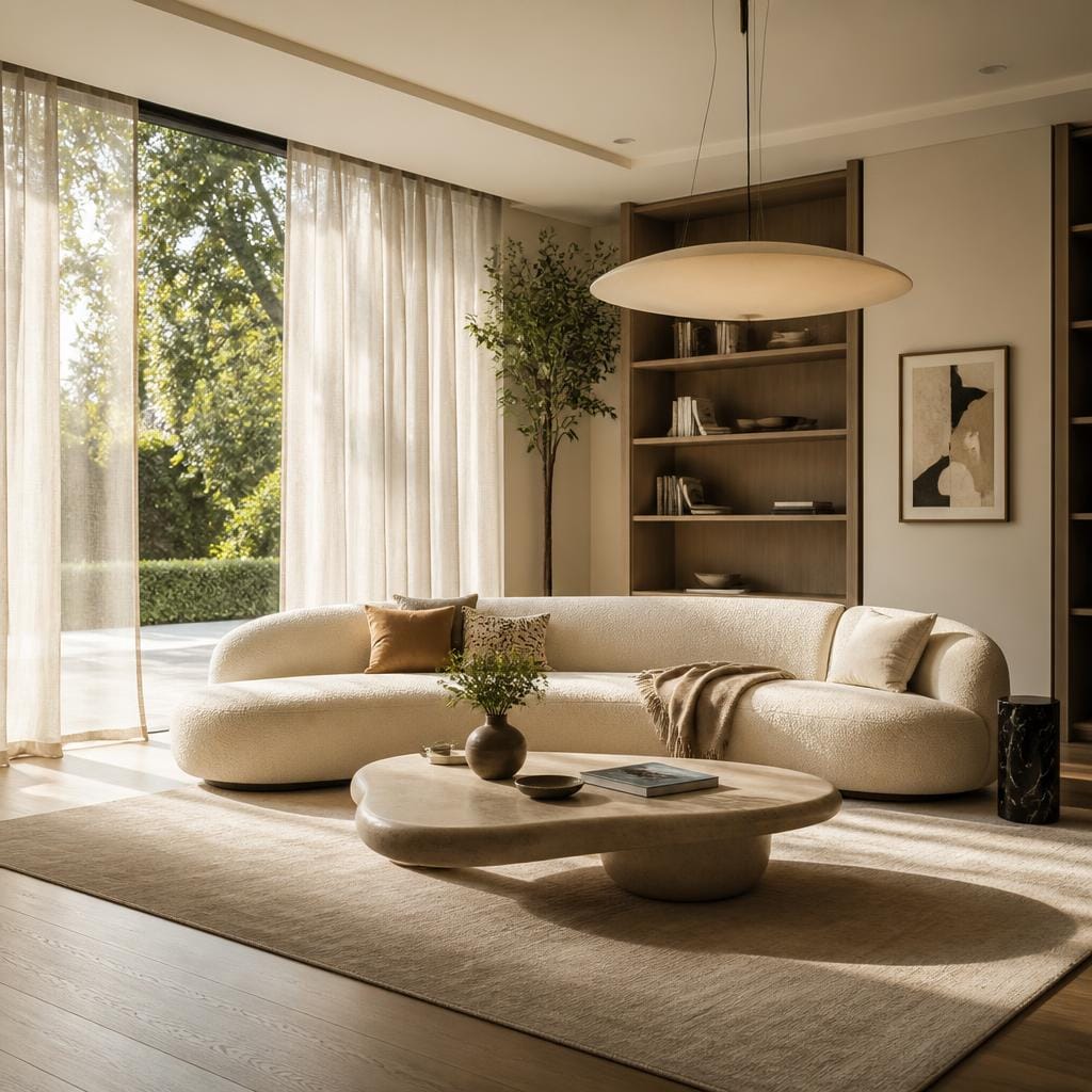 Luxury living room featuring a curved sofa, statement coffee table, layered textures, and elegant decor inspired by modern magazine-style interior design ideas.