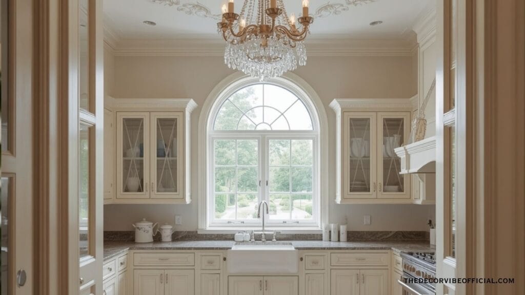 Grand luxury kitchen with crystal chandelier and inlaid marble floor 