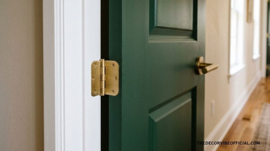 Deep green interior door with brushed brass handle and soft natural light