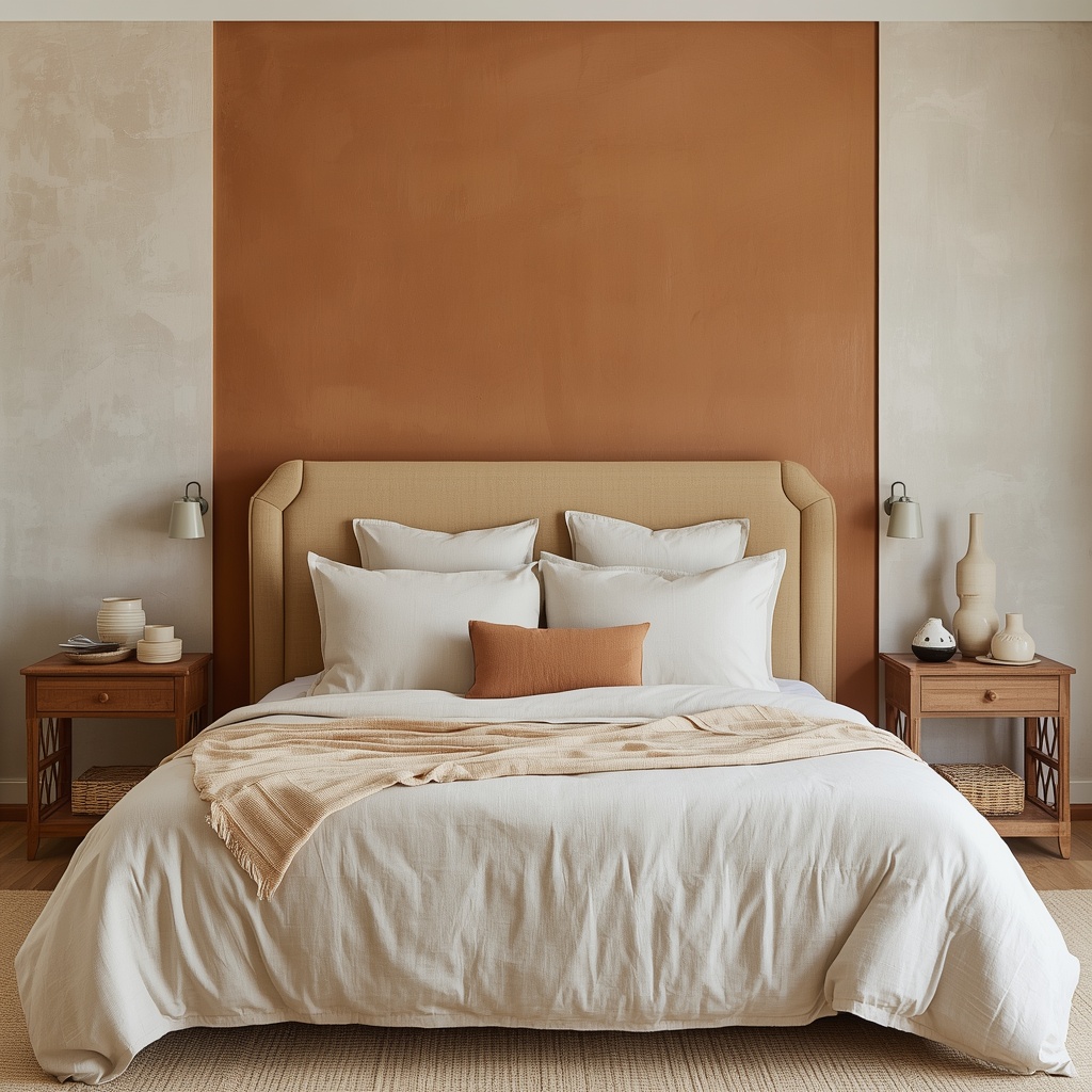 lucid-origin_A_bedroom_with_a_limewash_terracotta_accent_wall_behind_a_linen_upholstered_bed_-0
