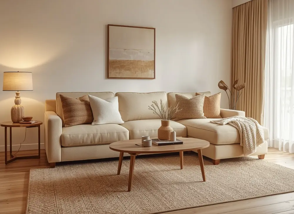 Budget friendly room makeover with layered neutral sofa and warm lighting