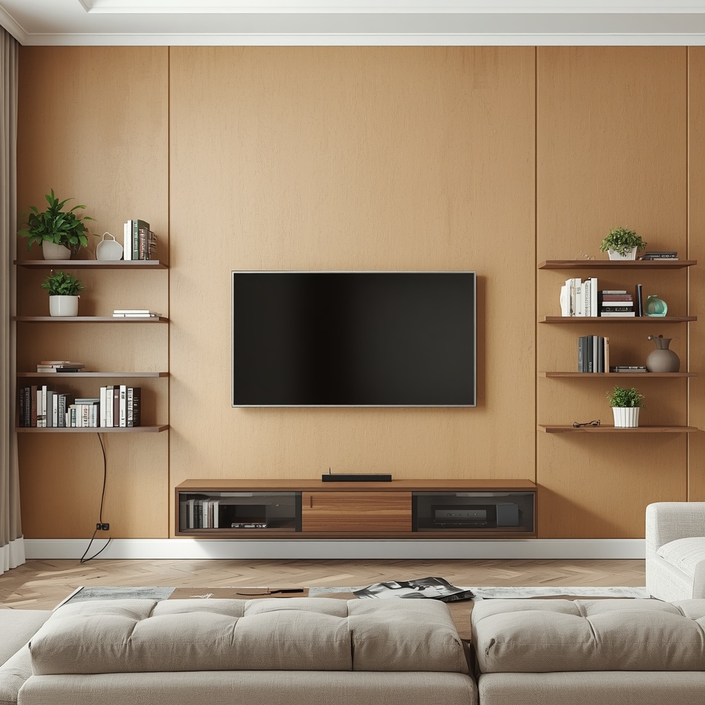 lucid-origin_A_realistic_modern_living_room_with_a_wall-mounted_TV_on_a_textured_warm_beige_w-0