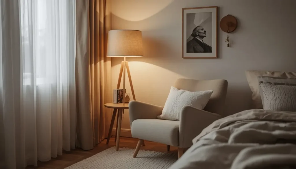 Cozy bedroom corner with armchair and warm lighting creating a relaxing reading space