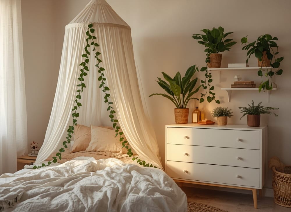 Budget friendly bedroom makeover with DIY canopy and trailing plants