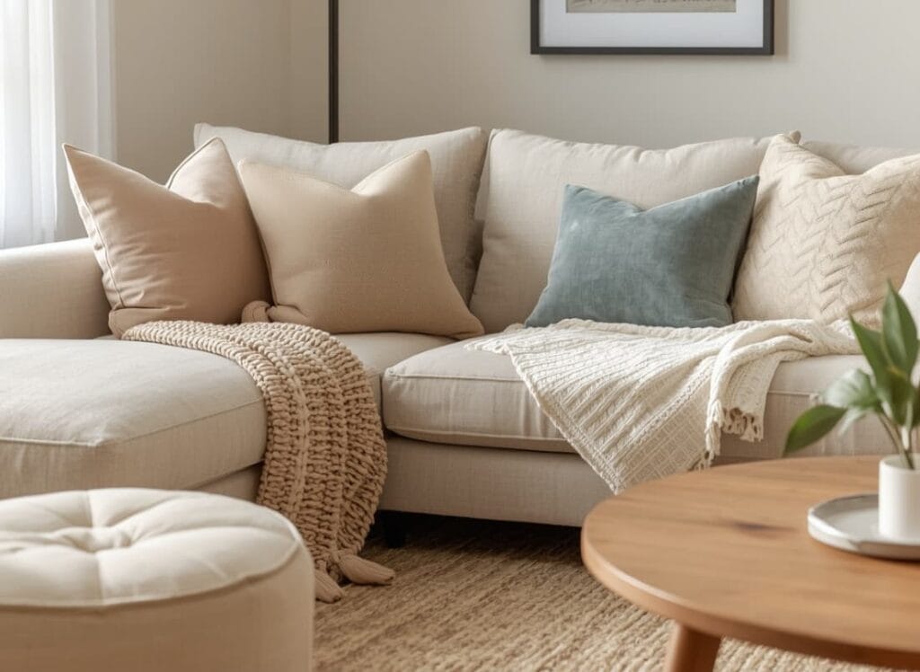 Budget friendly living room makeover with layered neutral textiles and warm lighting
budget friendly room makeover ideas