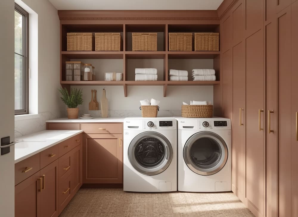 Laundry room with warm mushroom cabinetry and woven storage baskets
laundry room ideas