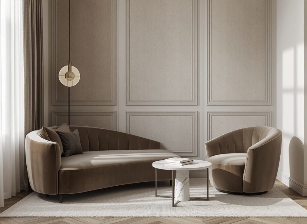Luxury bedroom reading corner with velvet chaise and marble coffee table
